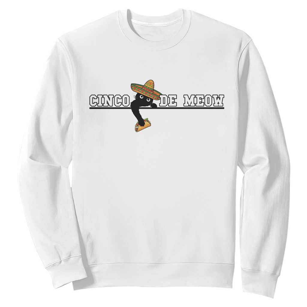 Funny Cinco De Meow Sweatshirt Cute Black Cat Eating Taco TS12 White Print Your Wear
