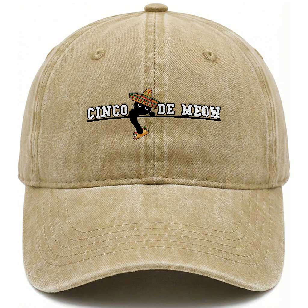 Funny Cinco De Meow Washed Cotton Baseball Cap Cute Black Cat Eating Taco TS12 Print Your Wear