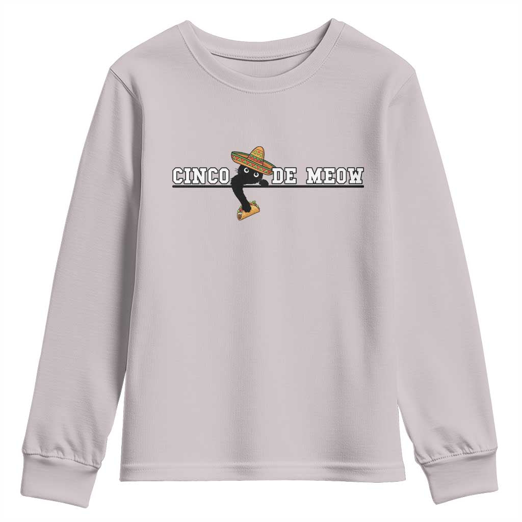 Funny Cinco De Meow Youth Sweatshirt Cute Black Cat Eating Taco TS12 Ice Gray Print Your Wear