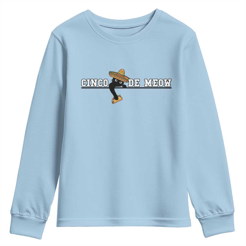 Funny Cinco De Meow Youth Sweatshirt Cute Black Cat Eating Taco TS12 Light Blue Print Your Wear