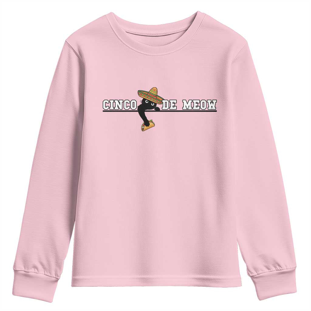 Funny Cinco De Meow Youth Sweatshirt Cute Black Cat Eating Taco TS12 Light Pink Print Your Wear