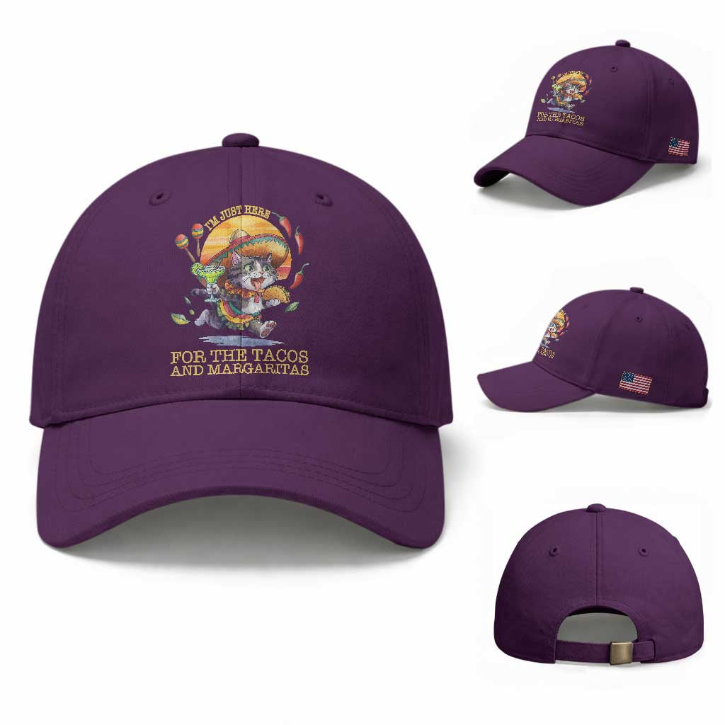 Funny Cinco De Mayo Cat Baseball Cap Just Here For The Tacos And Margaritas TS12 Baseball Cap Universal Fit Purple Print Your Wear