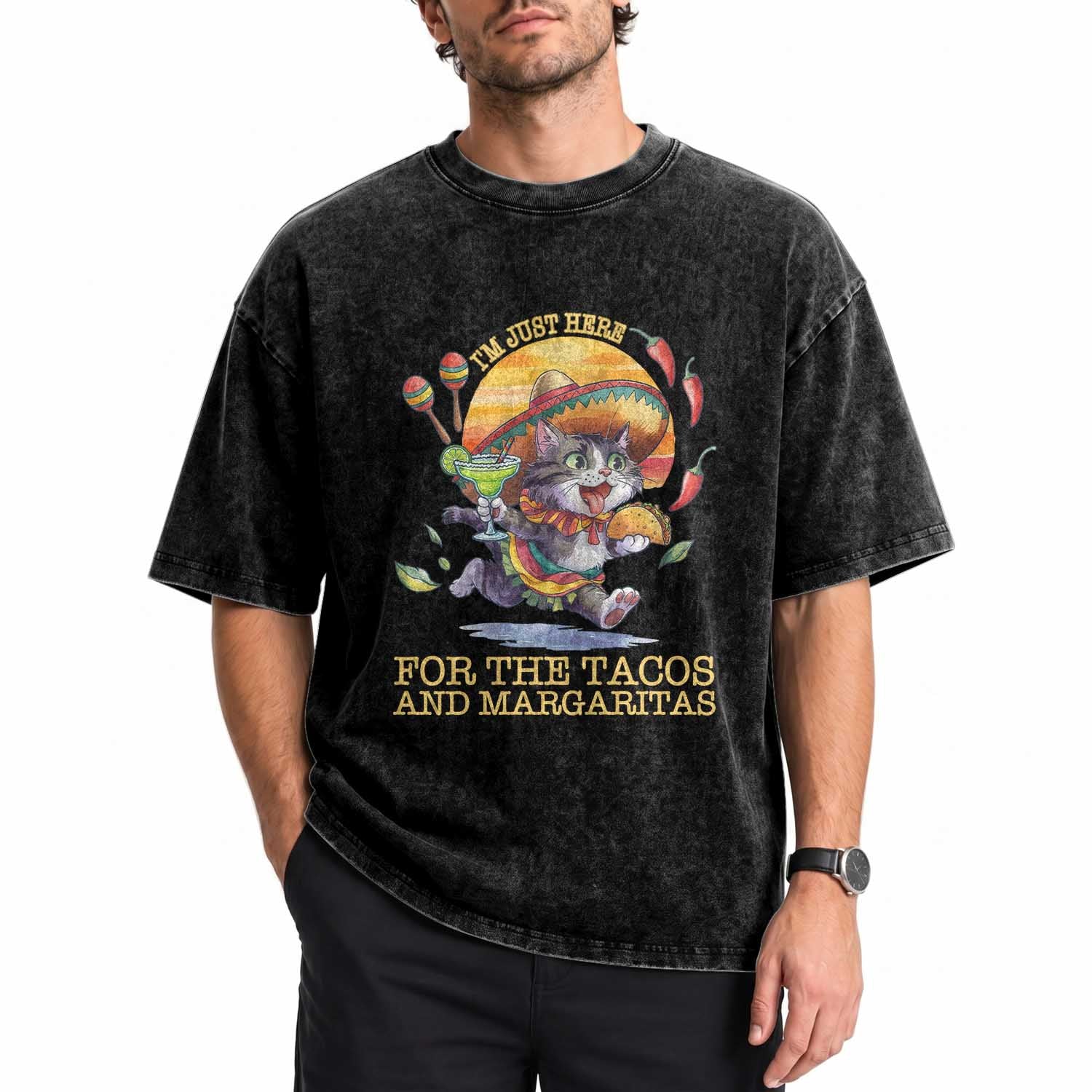 Funny Cinco De Mayo Cat Washed Cotton T-Shirt Just Here For The Tacos And Margaritas