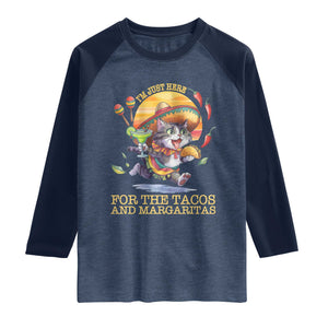 Funny Cinco De Mayo Cat Raglan Shirt Just Here For The Tacos And Margaritas TS12 Heather Denim Navy Print Your Wear