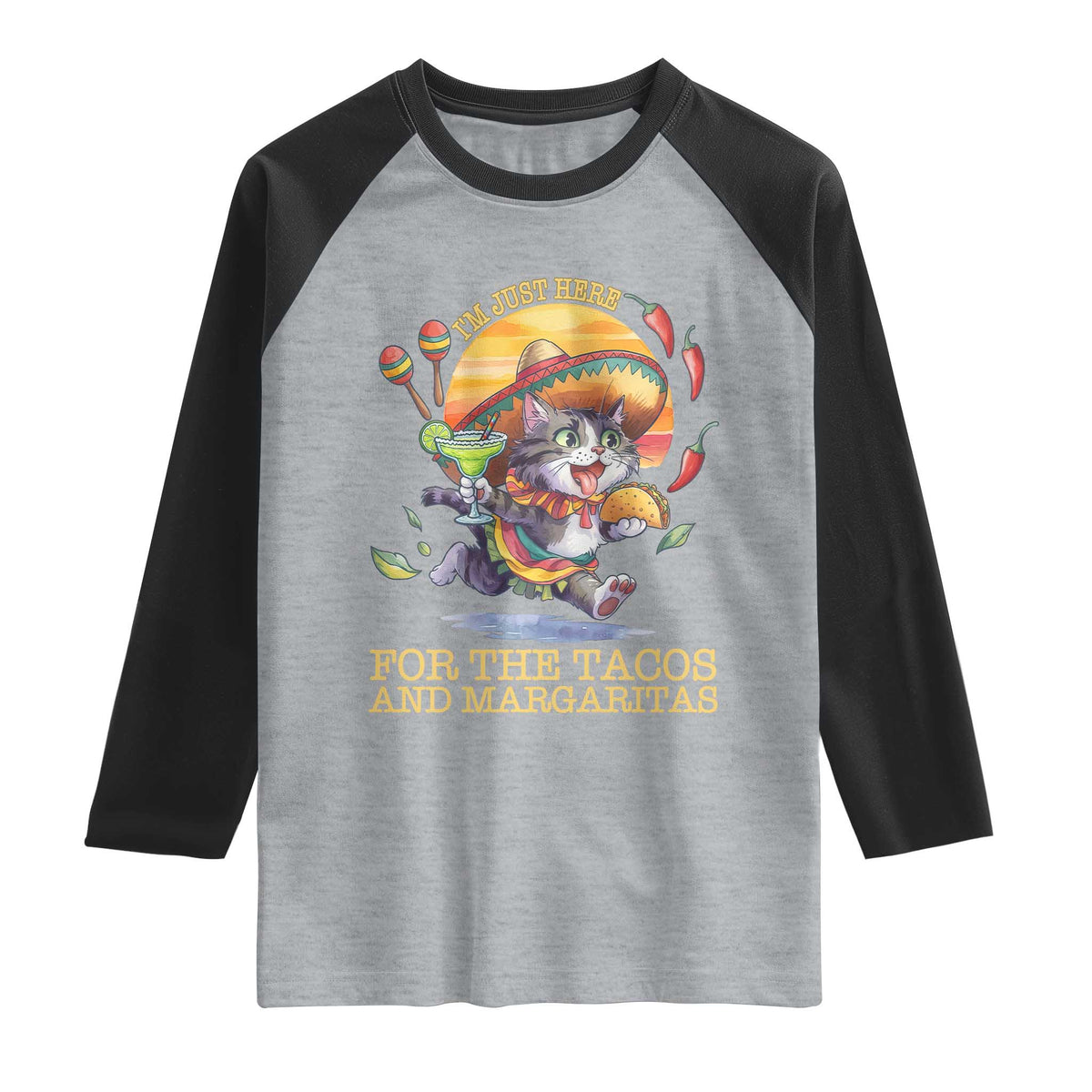 Funny Cinco De Mayo Cat Raglan Shirt Just Here For The Tacos And Margaritas TS12 Heather Gray Black Print Your Wear