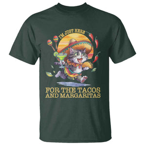 Funny Cinco De Mayo Cat T Shirt Just Here For The Tacos And Margaritas TS12 Dark Forest Green Print Your Wear