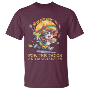 Funny Cinco De Mayo Cat T Shirt Just Here For The Tacos And Margaritas TS12 Maroon Print Your Wear