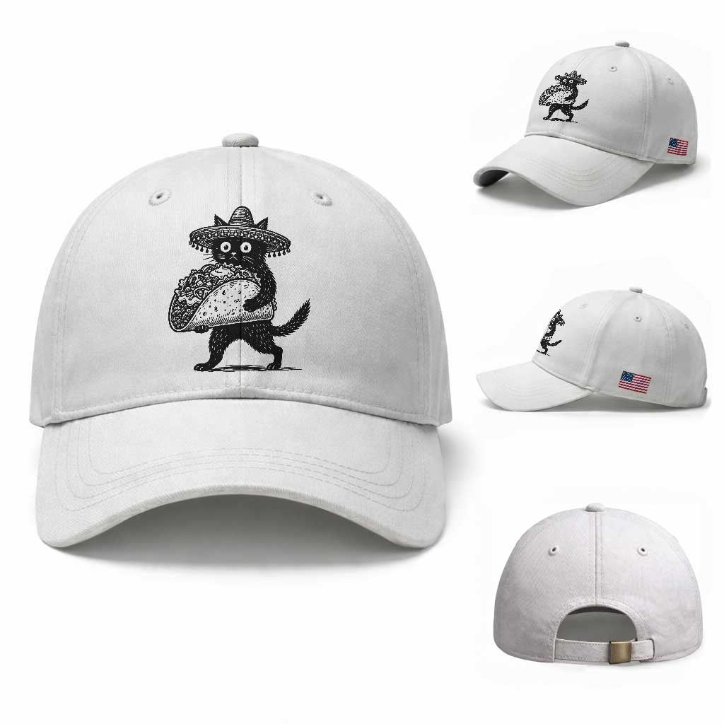 Funny Cinco De Mayo Black Cat With Taco Baseball Cap Mexican Food Gift TS12 Baseball Cap Universal Fit White Print Your Wear