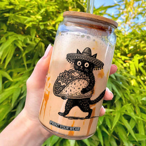 Funny Cinco De Mayo Black Cat With Taco Glass Can Mexican Food Gift TS12 White Print Your Wear