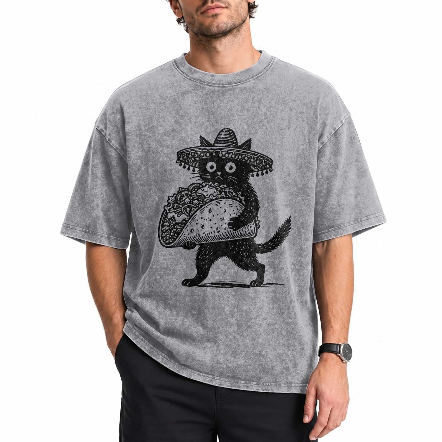 Funny Cinco De Mayo Black Cat With Taco Washed Cotton T-Shirt Mexican Food Gift