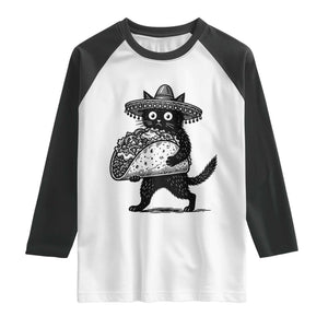 Funny Cinco De Mayo Black Cat With Taco Raglan Shirt Mexican Food Gift TS12 White Black Print Your Wear
