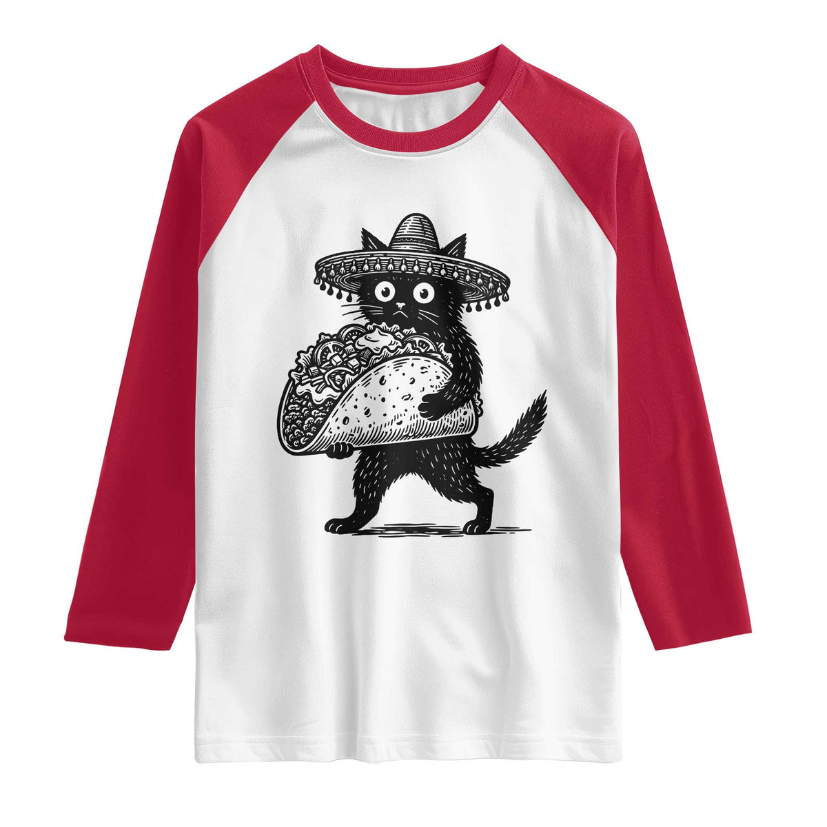 Funny Cinco De Mayo Black Cat With Taco Raglan Shirt Mexican Food Gift TS12 White Red Print Your Wear