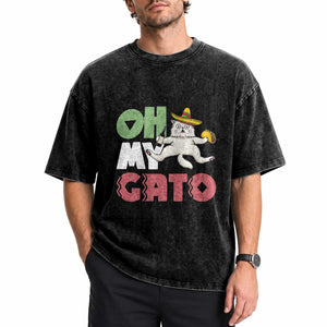 Funny Cinco De Mayo Drunk Cat Washed Cotton T-Shirt Oh My Gato