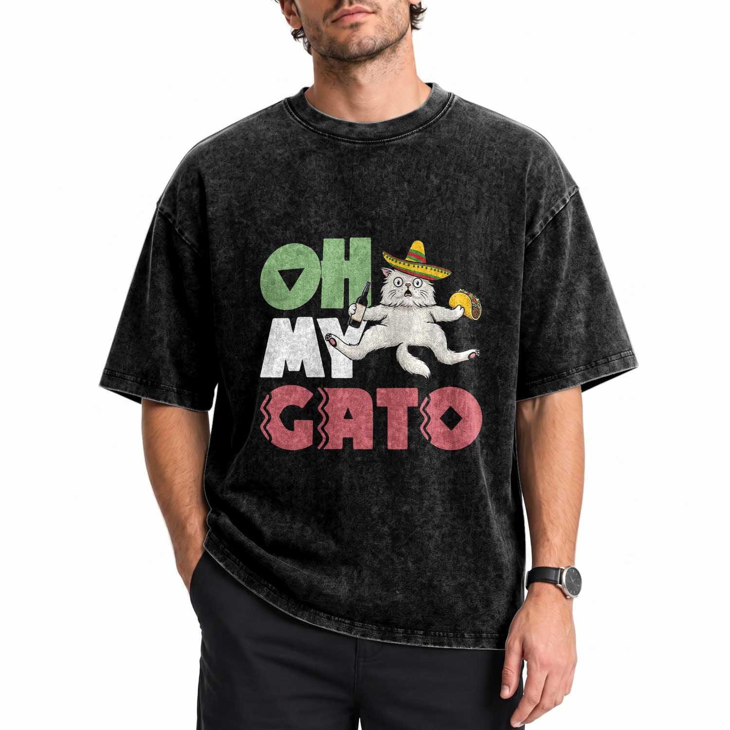Funny Cinco De Mayo Drunk Cat Washed Cotton T-Shirt Oh My Gato