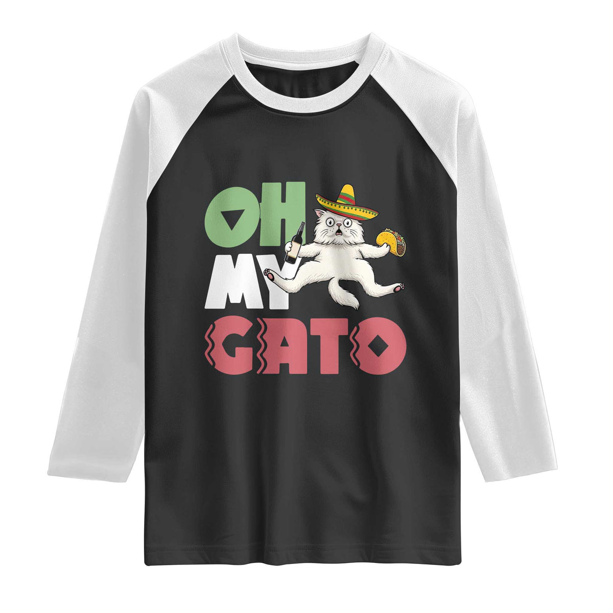 Funny Cinco De Mayo Drunk Cat Raglan Shirt Oh My Gato TS12 Black White Print Your Wear