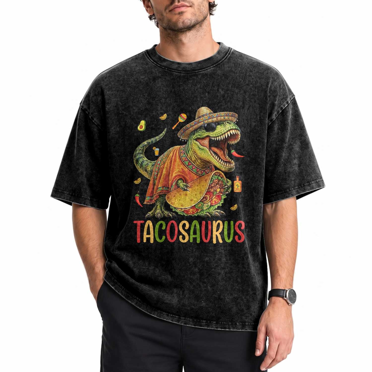 Cinco De Mayo Tacosaurus Washed Cotton T-Shirt Funny Dinosaur Taco Lover Gift