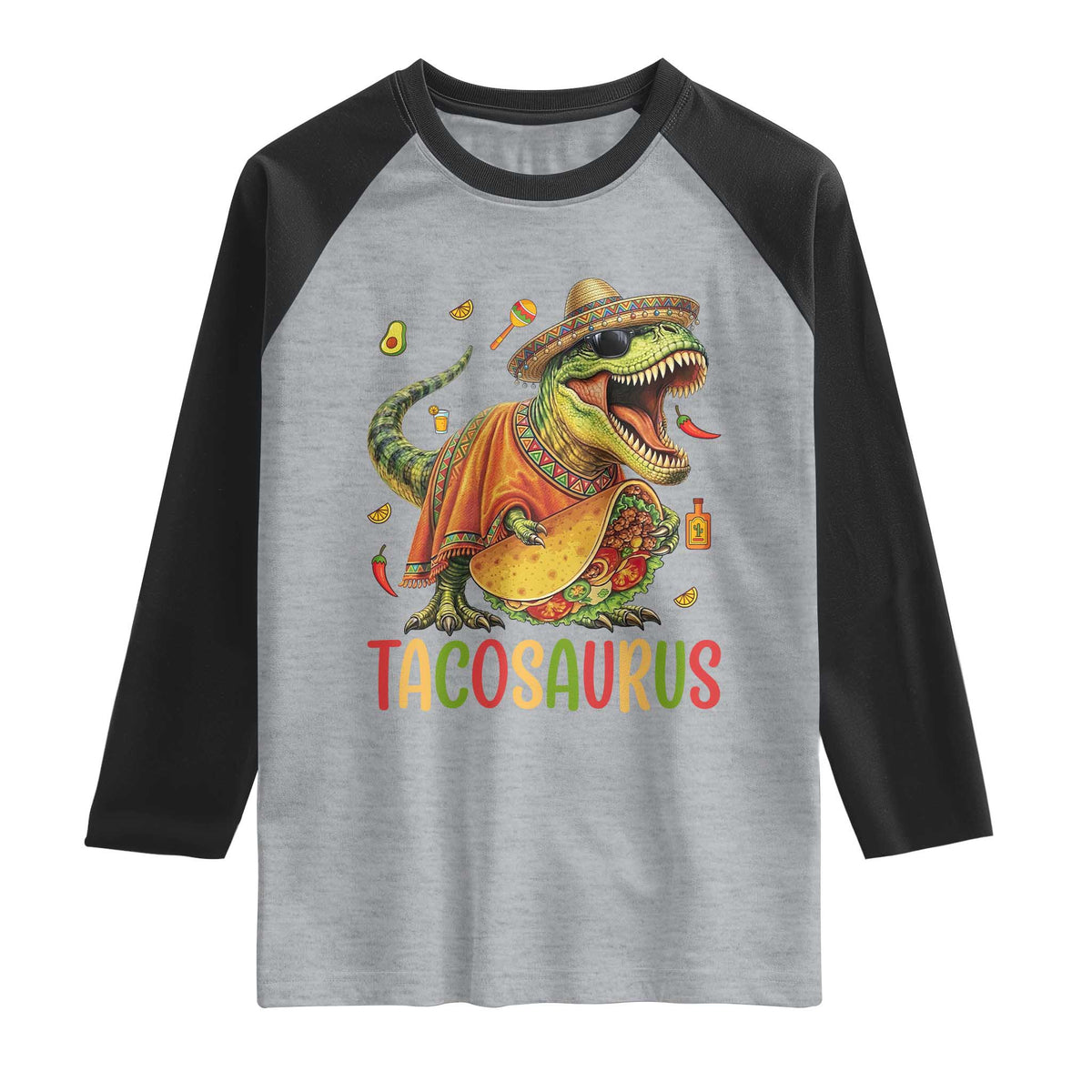 Cinco De Mayo Tacosaurus Raglan Shirt Funny Dinosaur Taco Lover Gift TS12 Heather Gray Black Print Your Wear