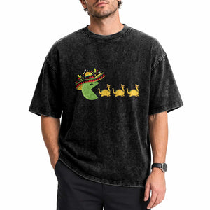 Funny Retro Game Tacosaurus Washed Cotton T-Shirt Cinco De Mayo Taco Lover Gift