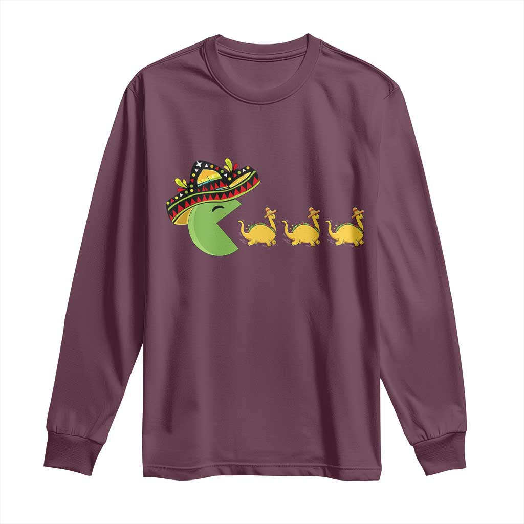 Funny Retro Game Tacosaurus Long Sleeve Shirt Cinco De Mayo Taco Lover Gift TS12 Maroon Print Your Wear