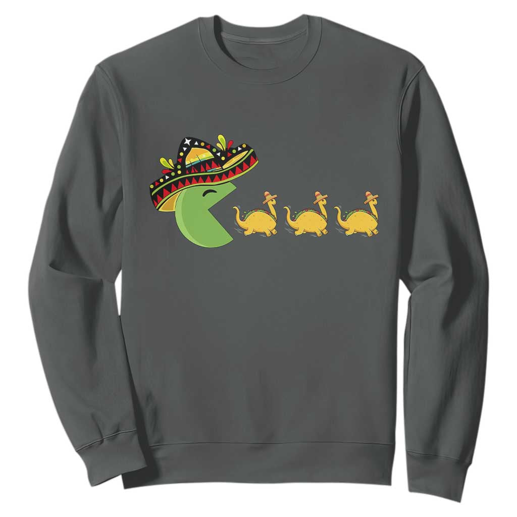 Funny Retro Game Tacosaurus Sweatshirt Cinco De Mayo Taco Lover Gift TS12 Dark Heather Print Your Wear