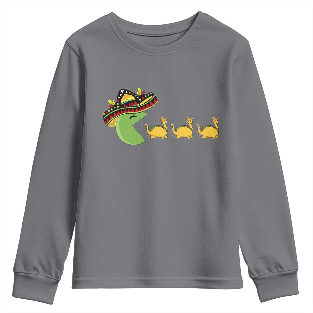 Funny Retro Game Tacosaurus Youth Sweatshirt Cinco De Mayo Taco Lover Gift TS12 Charcoal Print Your Wear