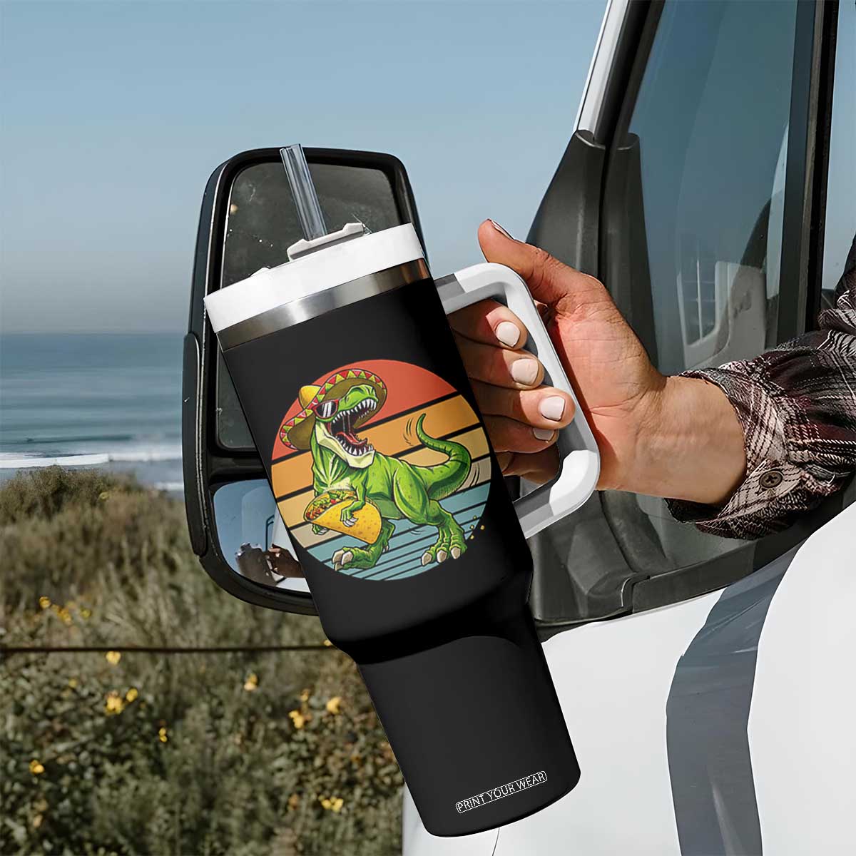 Vintage Dinosaur Taco Lover Tumbler With Handle Cinco De Mayo Gift TS12 Print Your Wear