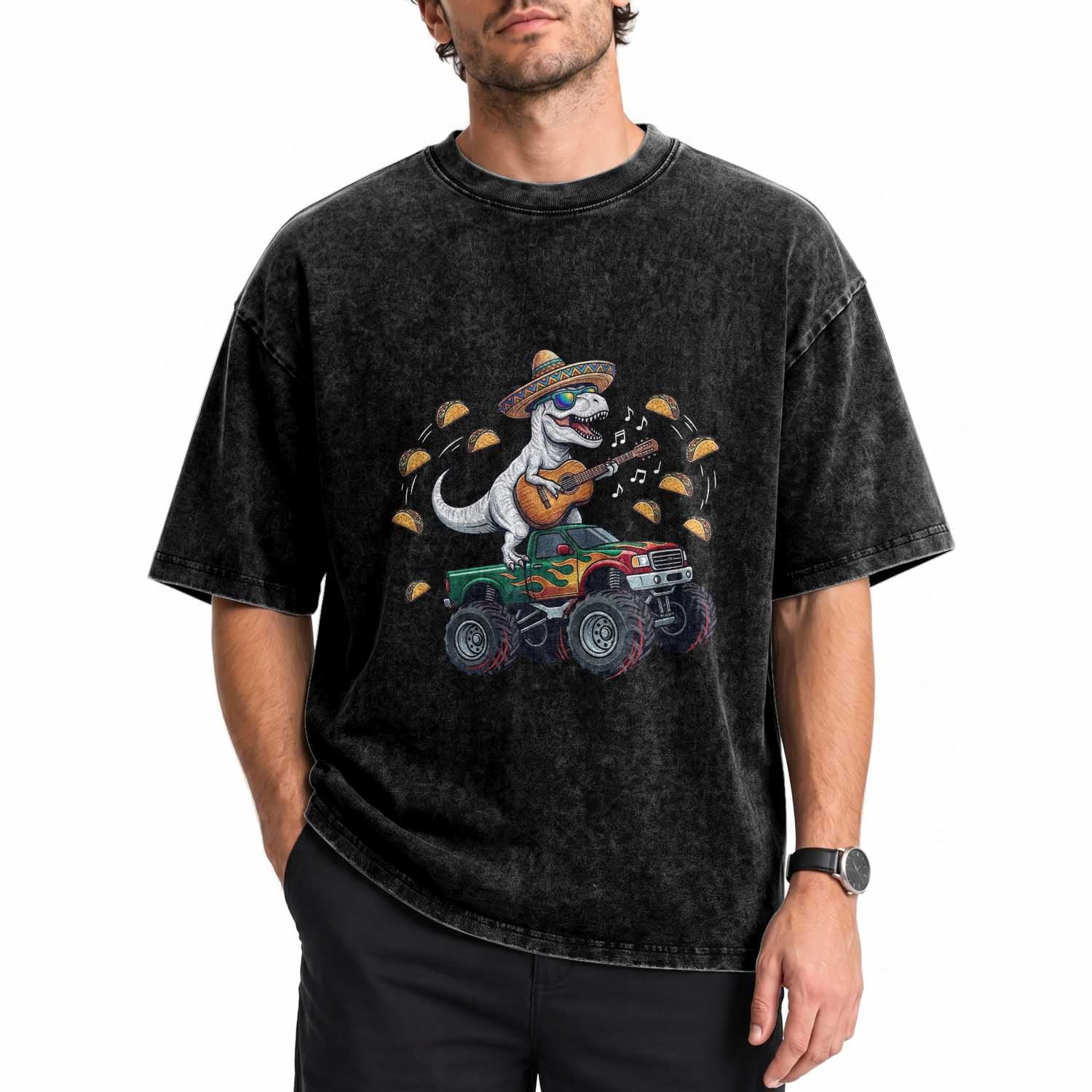 Funny Cinco De Mayo Dinosaur Monster Truck Washed Cotton T-Shirt Taco Lover Gift