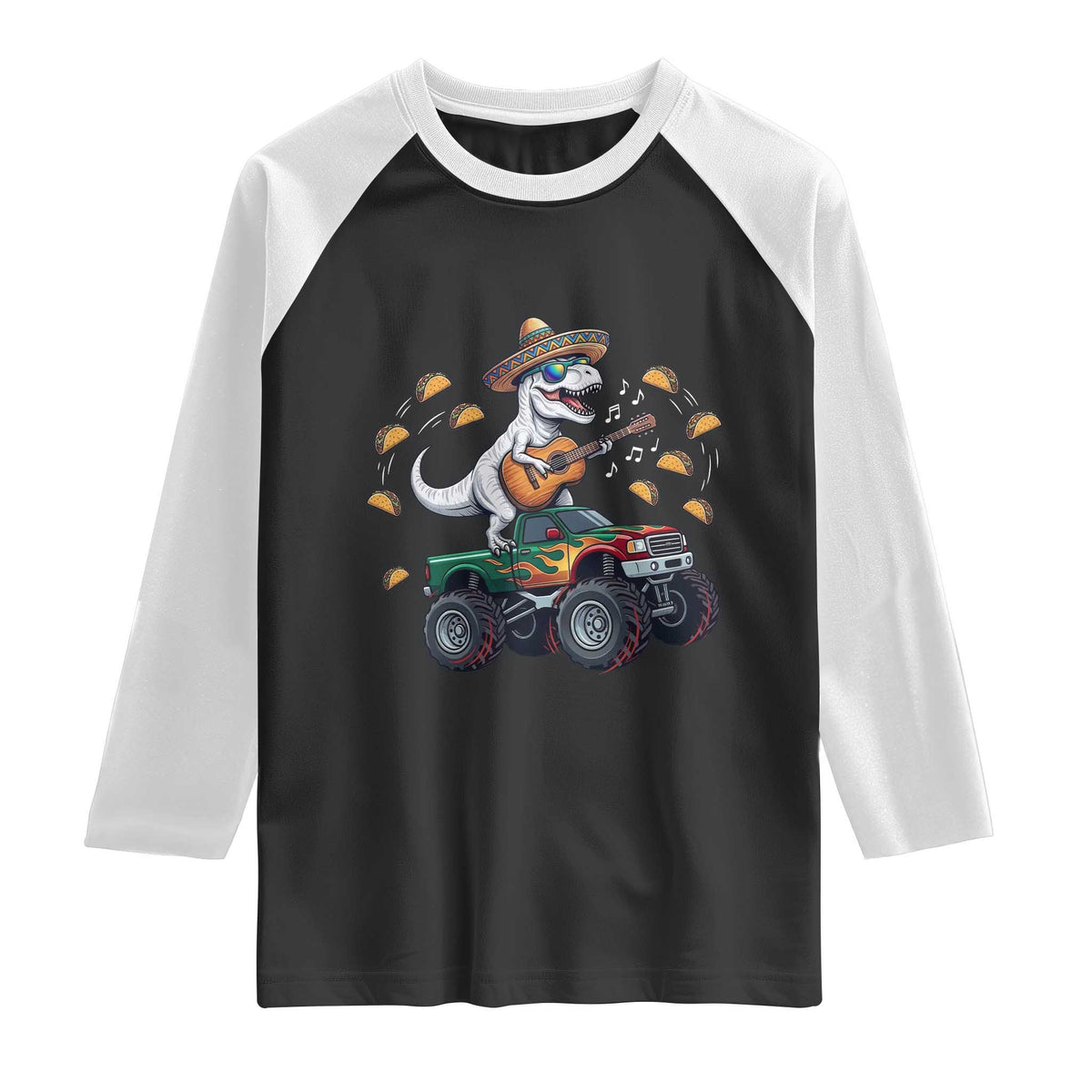 Funny Cinco De Mayo Dinosaur Monster Truck Raglan Shirt Taco Lover Gift TS12 Black White Print Your Wear