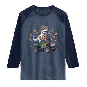 Funny Cinco De Mayo Dinosaur Monster Truck Raglan Shirt Taco Lover Gift TS12 Heather Denim Navy Print Your Wear