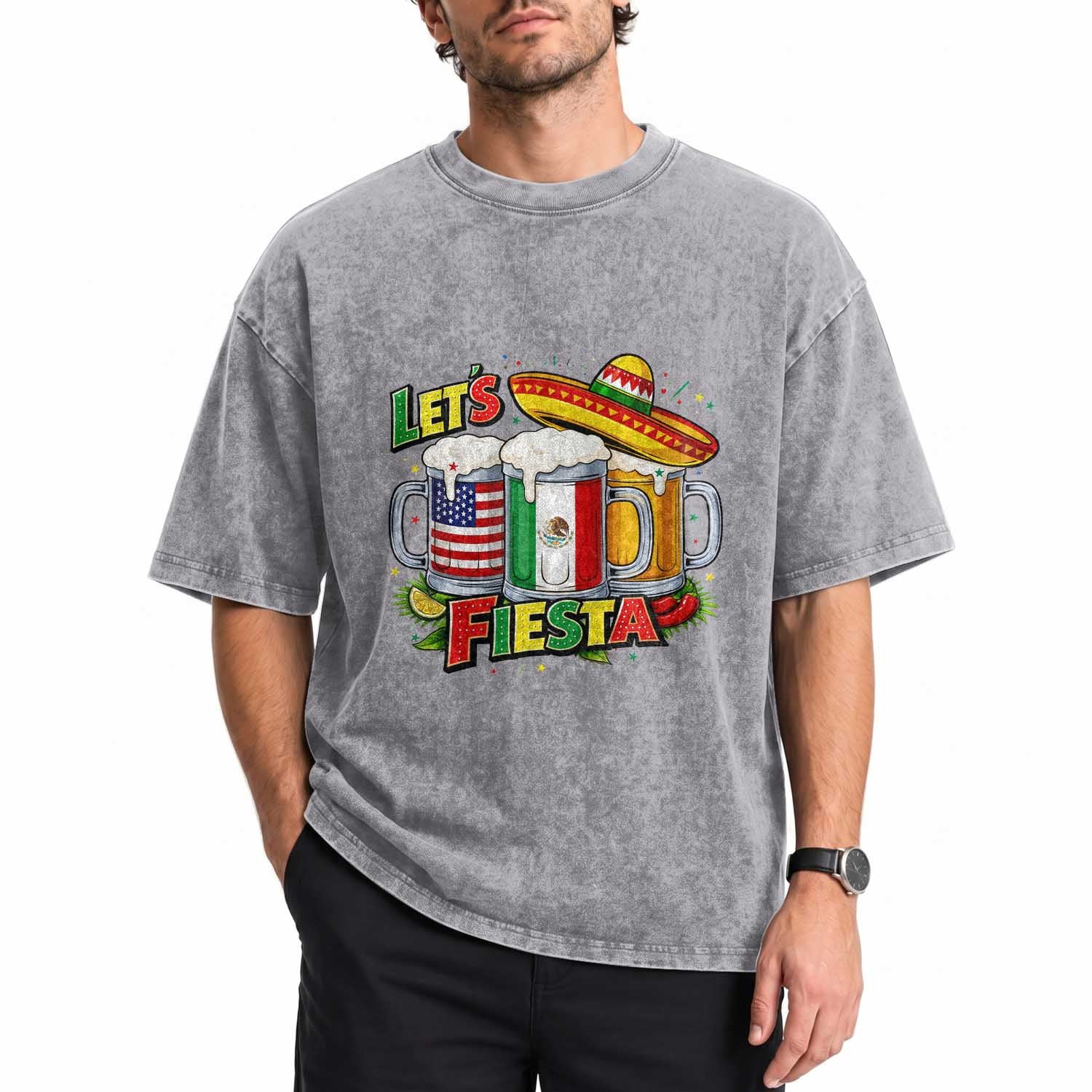 Funny Beer Drinking Cinco De Mayo Party Gift Washed Cotton T-Shirt Lets Fiesta