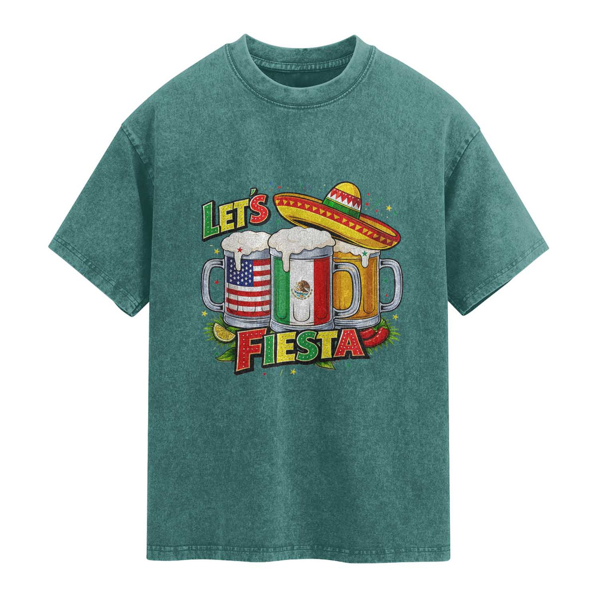 Funny Beer Drinking Cinco De Mayo Party Gift Washed Cotton T-Shirt Lets Fiesta
