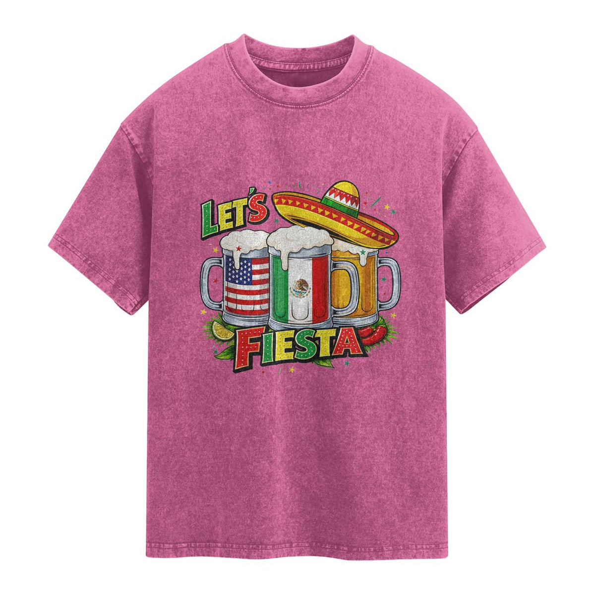 Funny Beer Drinking Cinco De Mayo Party Gift Washed Cotton T-Shirt Lets Fiesta