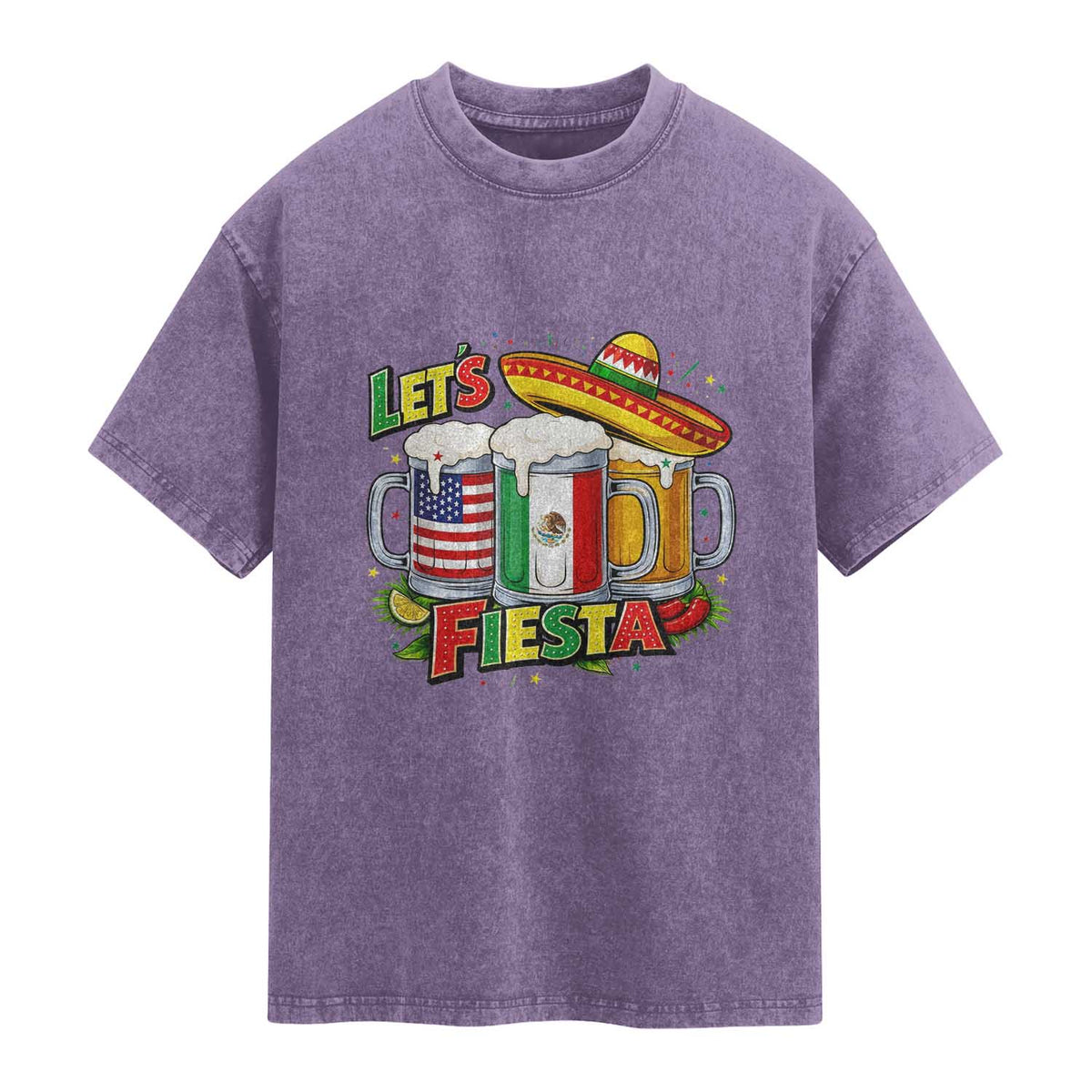 Funny Beer Drinking Cinco De Mayo Party Gift Washed Cotton T-Shirt Lets Fiesta