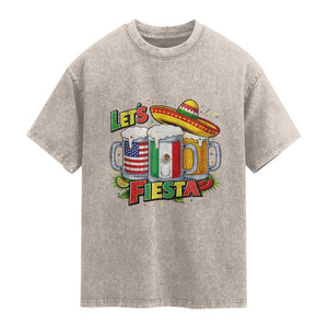 Funny Beer Drinking Cinco De Mayo Party Gift Washed Cotton T-Shirt Lets Fiesta