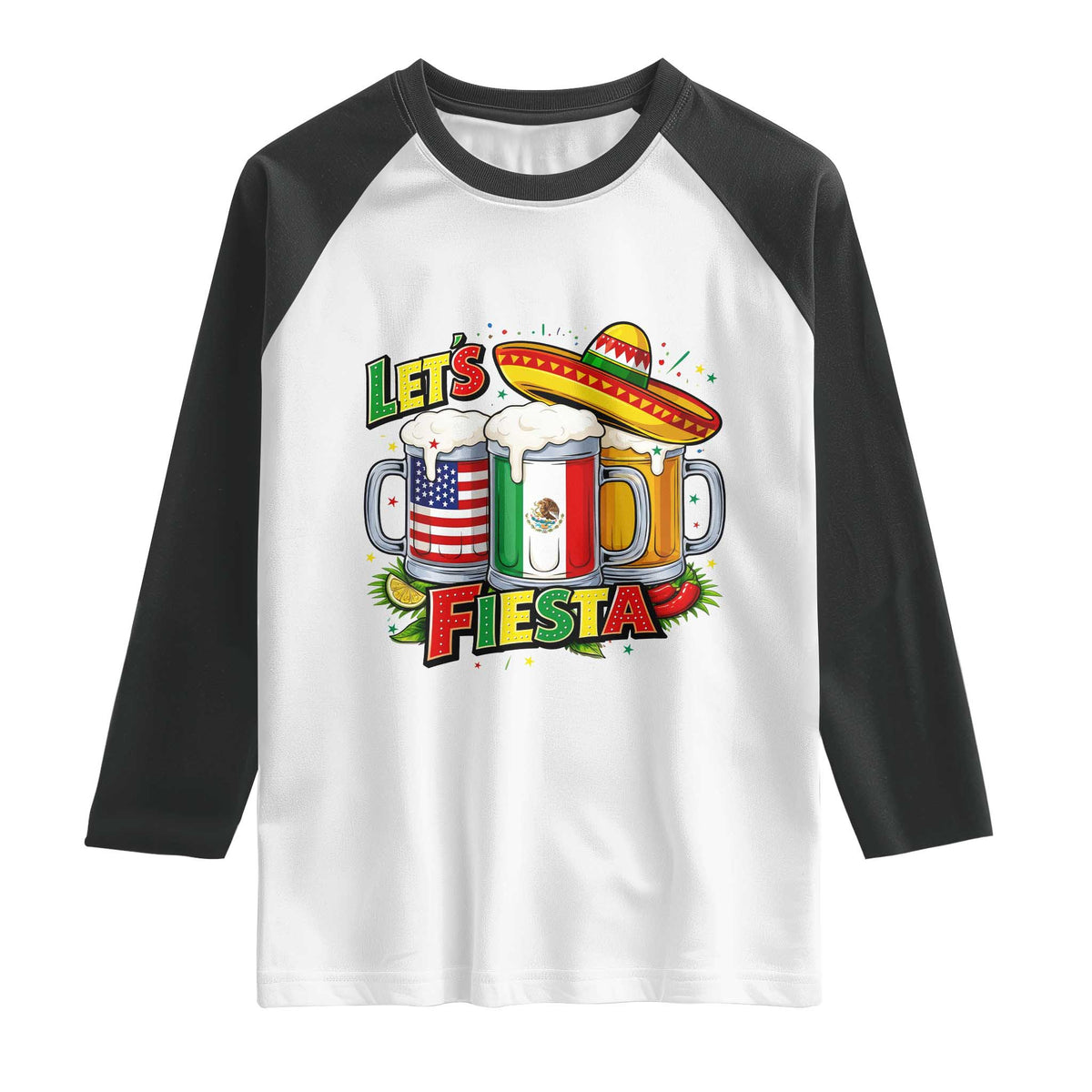 Funny Beer Drinking Cinco De Mayo Party Gift Raglan Shirt Lets Fiesta TS12 White Black Print Your Wear