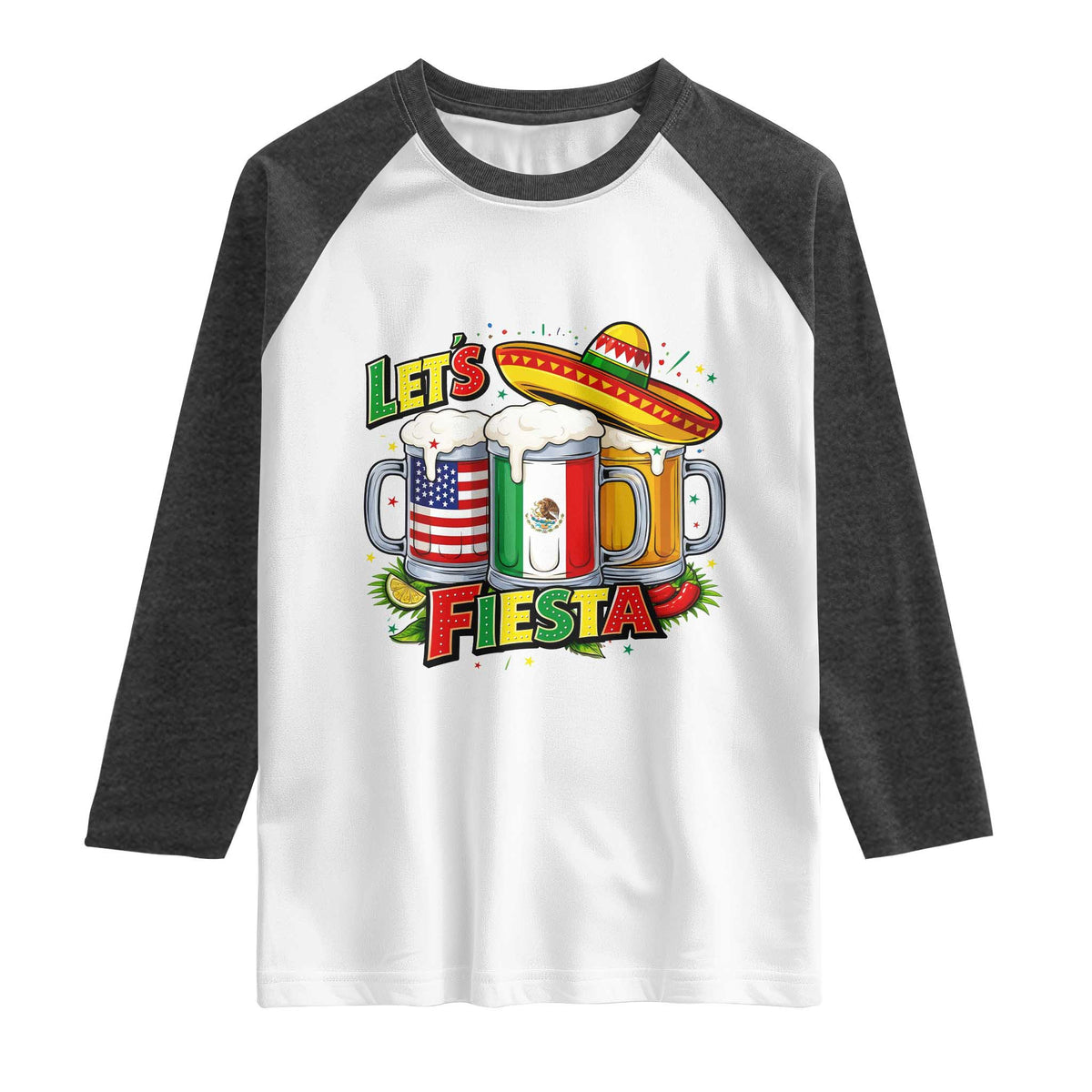 Funny Beer Drinking Cinco De Mayo Party Gift Raglan Shirt Lets Fiesta TS12 White Heather Charcoal Print Your Wear