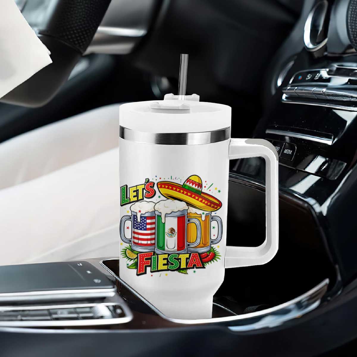 Funny Beer Drinking Cinco De Mayo Party Gift Tumbler With Handle Lets Fiesta TS12 Print Your Wear