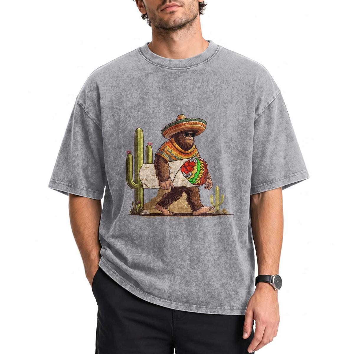Funny Cinco De Mayo Bigfoot Burrito Lover Gift Washed Cotton T-Shirt