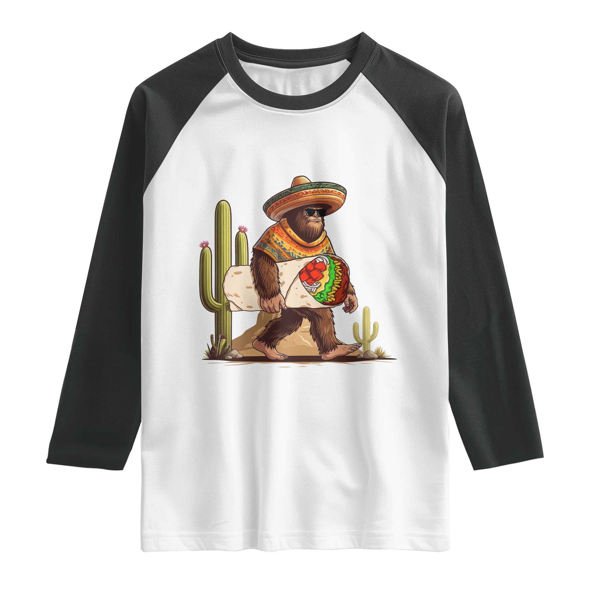 Funny Cinco De Mayo Bigfoot Burrito Lover Gift Raglan Shirt TS12 White Black Print Your Wear