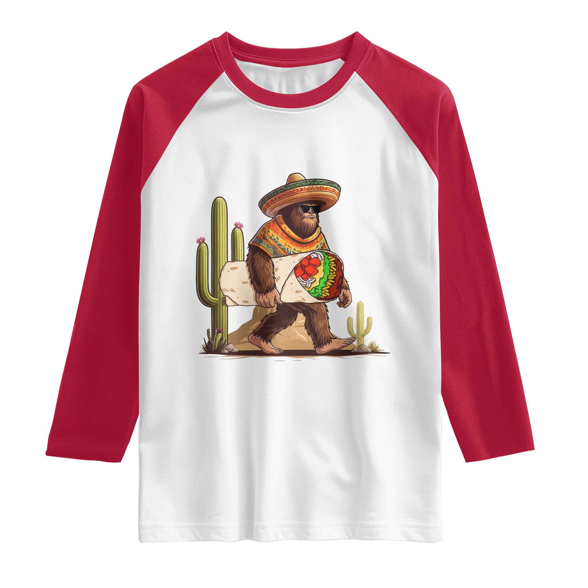 Funny Cinco De Mayo Bigfoot Burrito Lover Gift Raglan Shirt TS12 White Red Print Your Wear