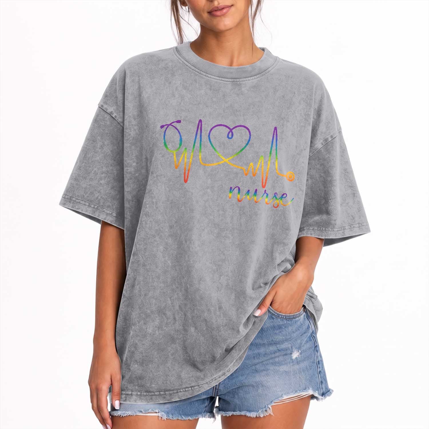 Nurse Heartbeat Rainbow Heart LGBTQ Pride Washed Cotton T-Shirt Medical Professional Support