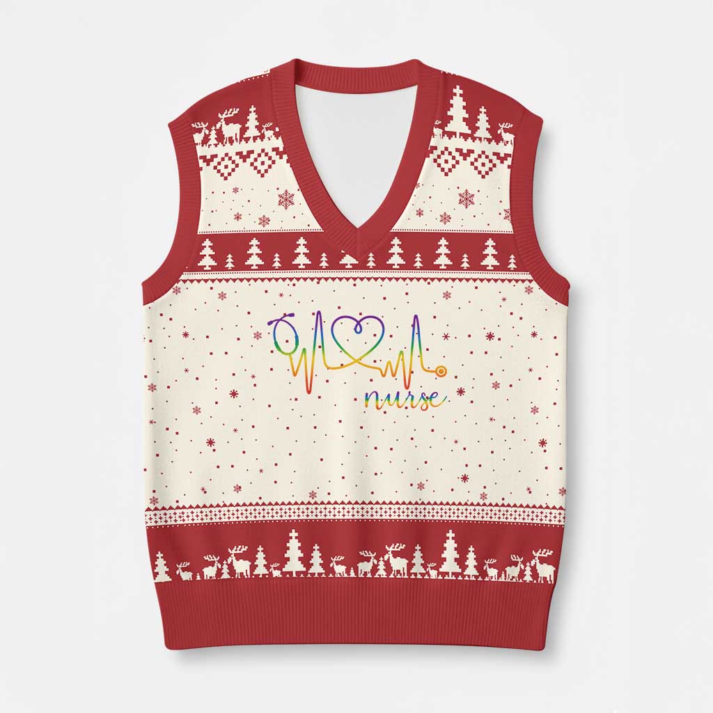 Nurse Heartbeat Rainbow Heart LGBTQ Pride V-Neck Knit Sweater Vest Medical Professional Support TS12 Beige Red Print Your Wear