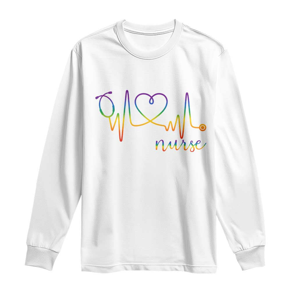 Nurse Heartbeat Rainbow Heart LGBTQ Pride Long Sleeve Shirt Medical Professional Support TS12 White Print Your Wear