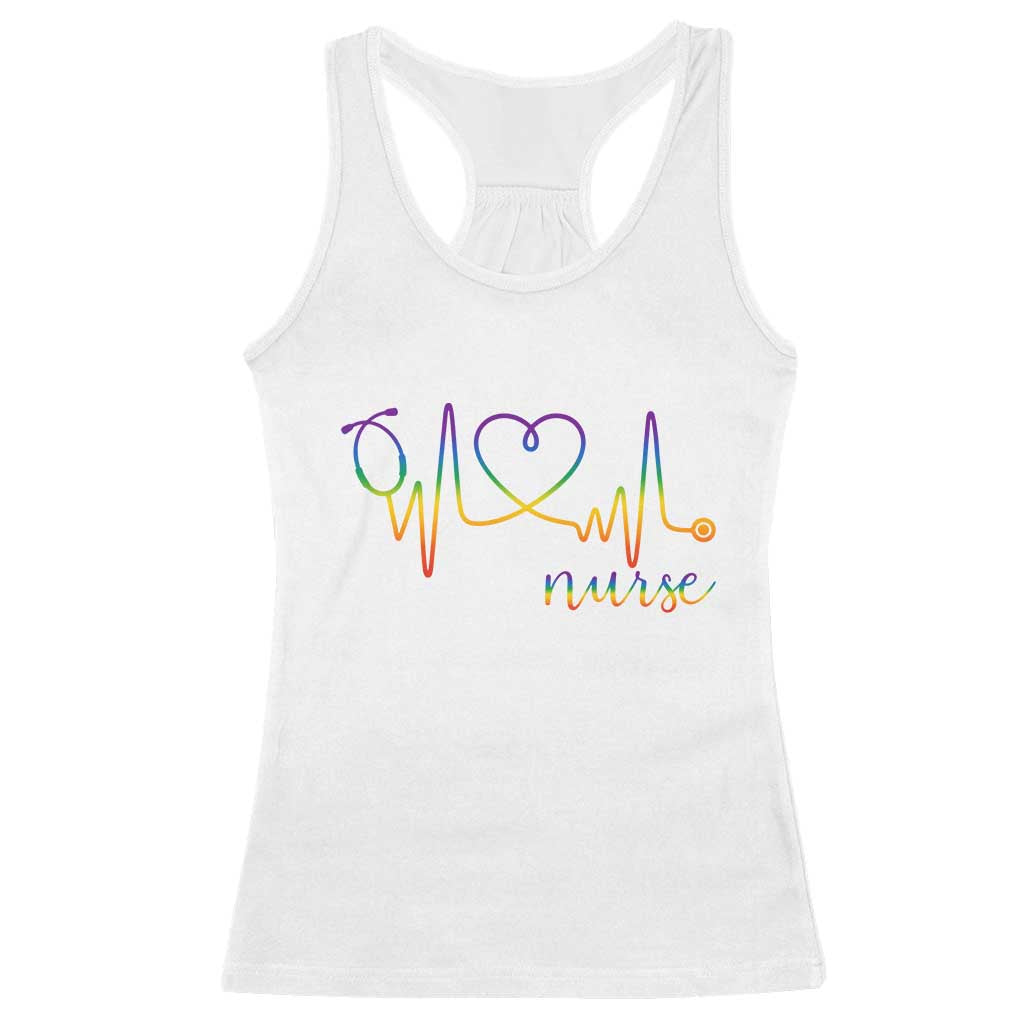 Nurse Heartbeat Rainbow Heart LGBTQ Pride Racerback Tank Top Medical Professional Support TS12 White Print Your Wear