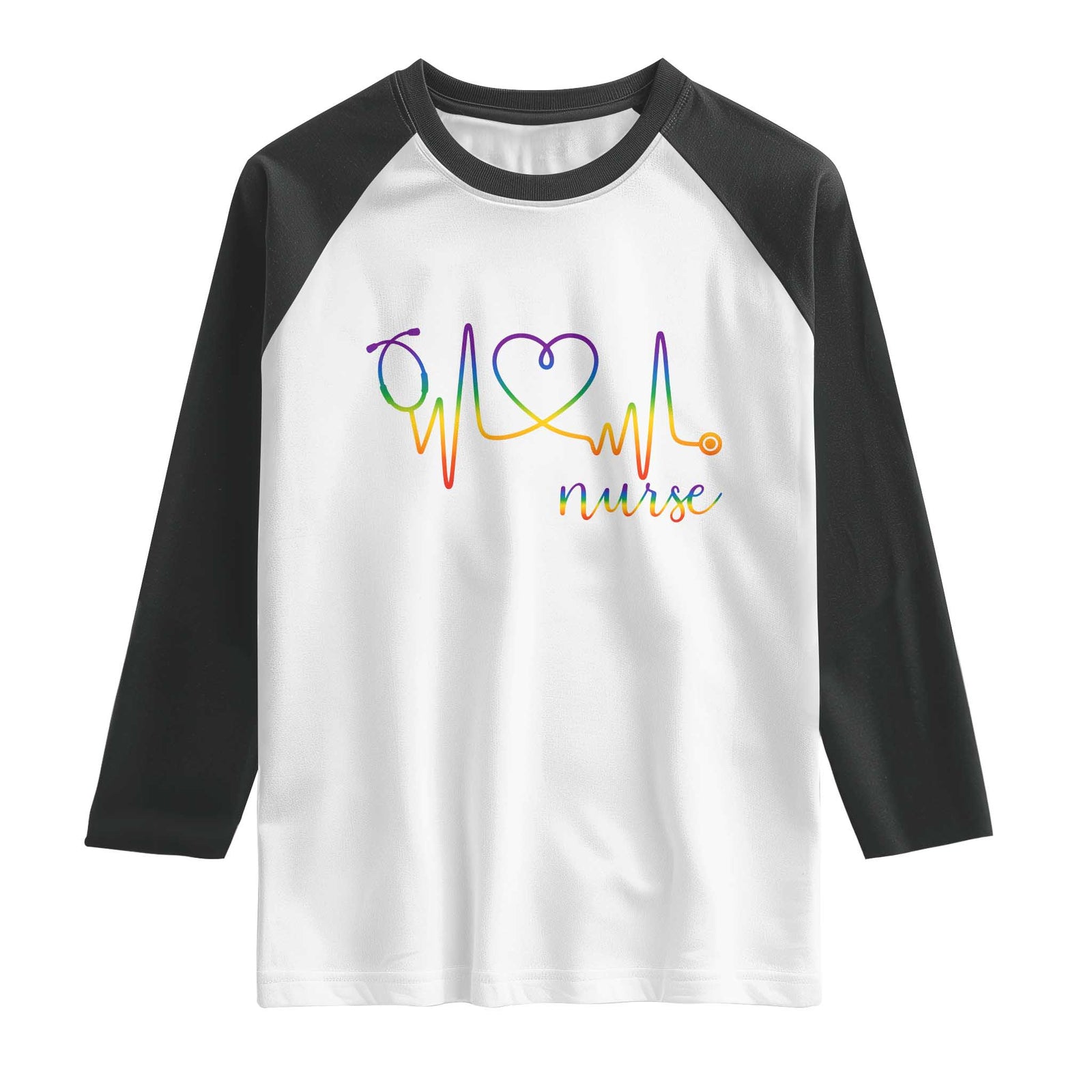 Nurse Heartbeat Rainbow Heart LGBTQ Pride Raglan Shirt Medical Professional Support TS12 White Black Print Your Wear