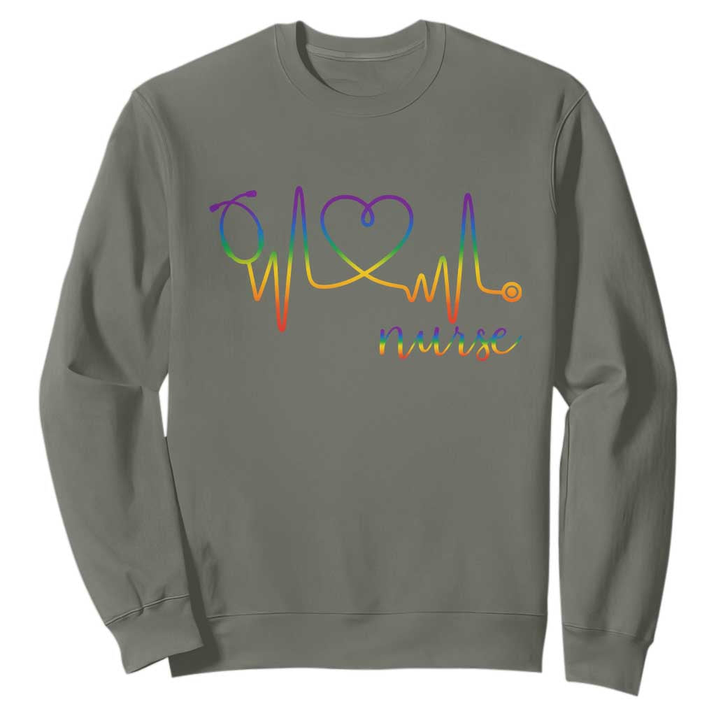 Nurse Heartbeat Rainbow Heart LGBTQ Pride Sweatshirt Medical Professional Support TS12 Military Green Print Your Wear