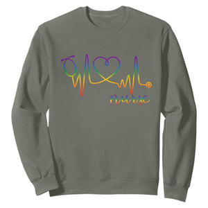 Nurse Heartbeat Rainbow Heart LGBTQ Pride Sweatshirt Medical Professional Support TS12 Military Green Print Your Wear