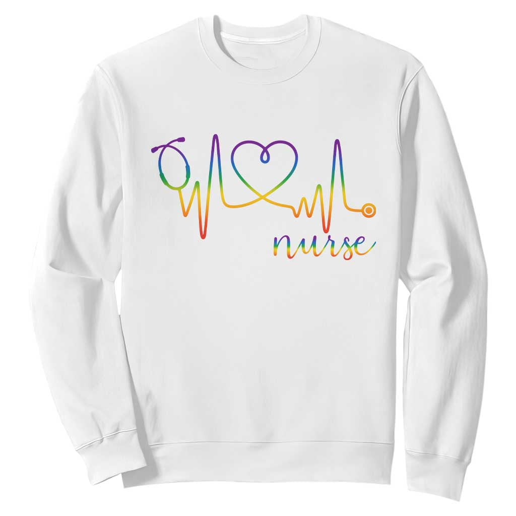 Nurse Heartbeat Rainbow Heart LGBTQ Pride Sweatshirt Medical Professional Support TS12 White Print Your Wear