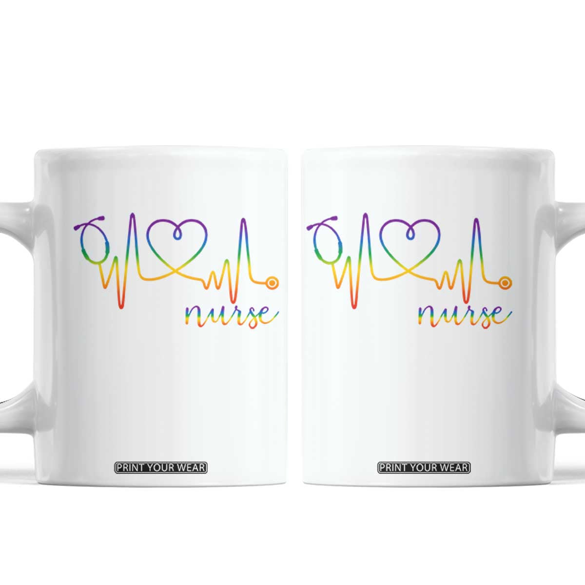 Nurse Heartbeat Rainbow Heart LGBTQ Pride Coffee Mug Medical Professional Support TS12 White Print Your Wear