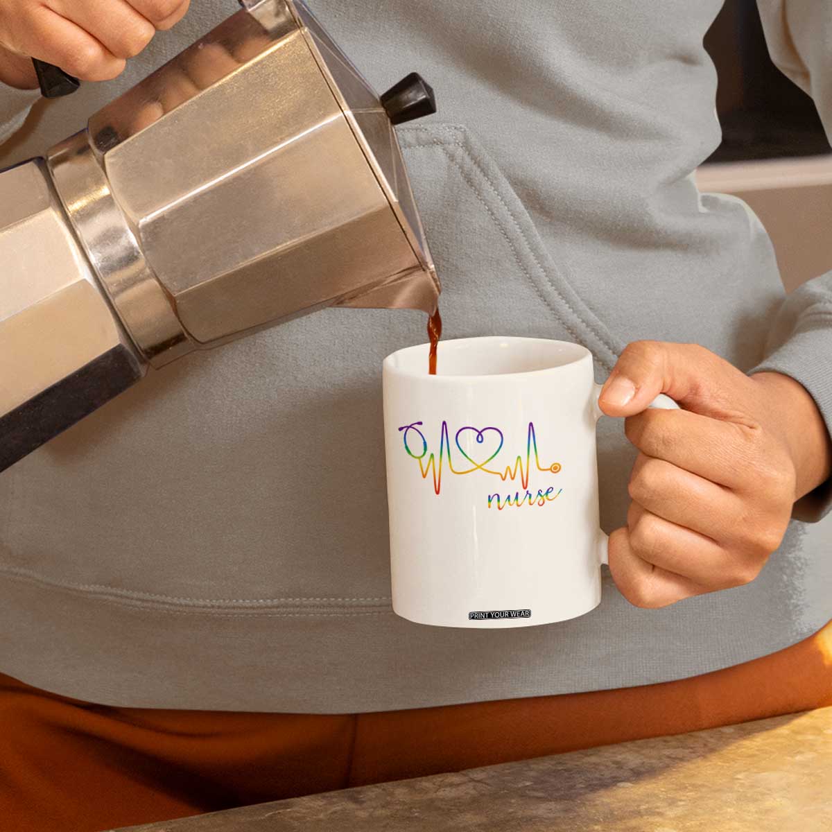 Nurse Heartbeat Rainbow Heart LGBTQ Pride Coffee Mug Medical Professional Support TS12 Print Your Wear